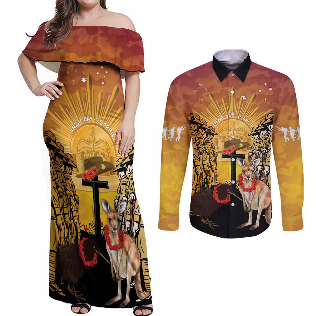 Australia And New Zealand ANZAC Couples Matching Off Shoulder Maxi Dress and Long Sleeve Button Shirt Aussie Kangaroo With Aotearoa Kiwi Lest We Forget LT14 Yellow - Polynesian Pride