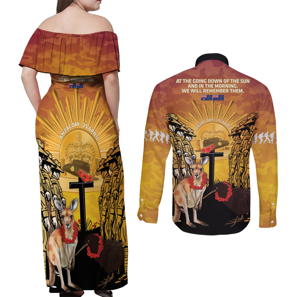 Australia And New Zealand ANZAC Couples Matching Off Shoulder Maxi Dress and Long Sleeve Button Shirt Aussie Kangaroo With Aotearoa Kiwi Lest We Forget LT14 - Polynesian Pride