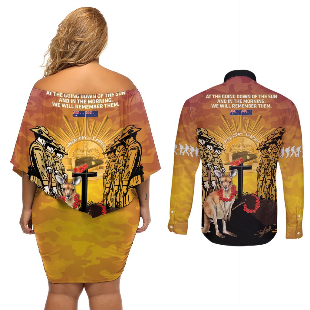 Australia And New Zealand ANZAC Couples Matching Off Shoulder Short Dress and Long Sleeve Button Shirt Aussie Kangaroo With Aotearoa Kiwi Lest We Forget LT14 - Polynesian Pride