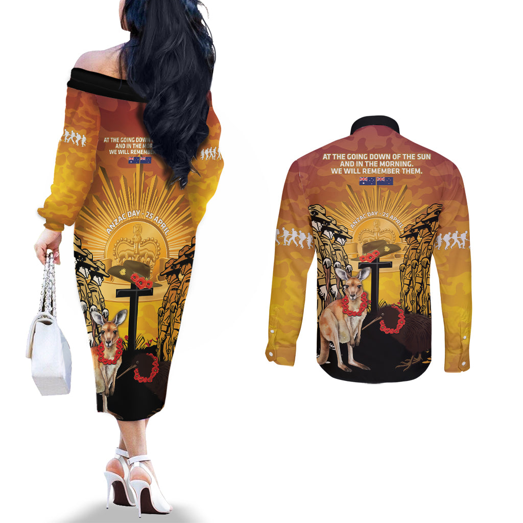 Australia And New Zealand ANZAC Couples Matching Off The Shoulder Long Sleeve Dress and Long Sleeve Button Shirt Aussie Kangaroo With Aotearoa Kiwi Lest We Forget LT14 - Polynesian Pride