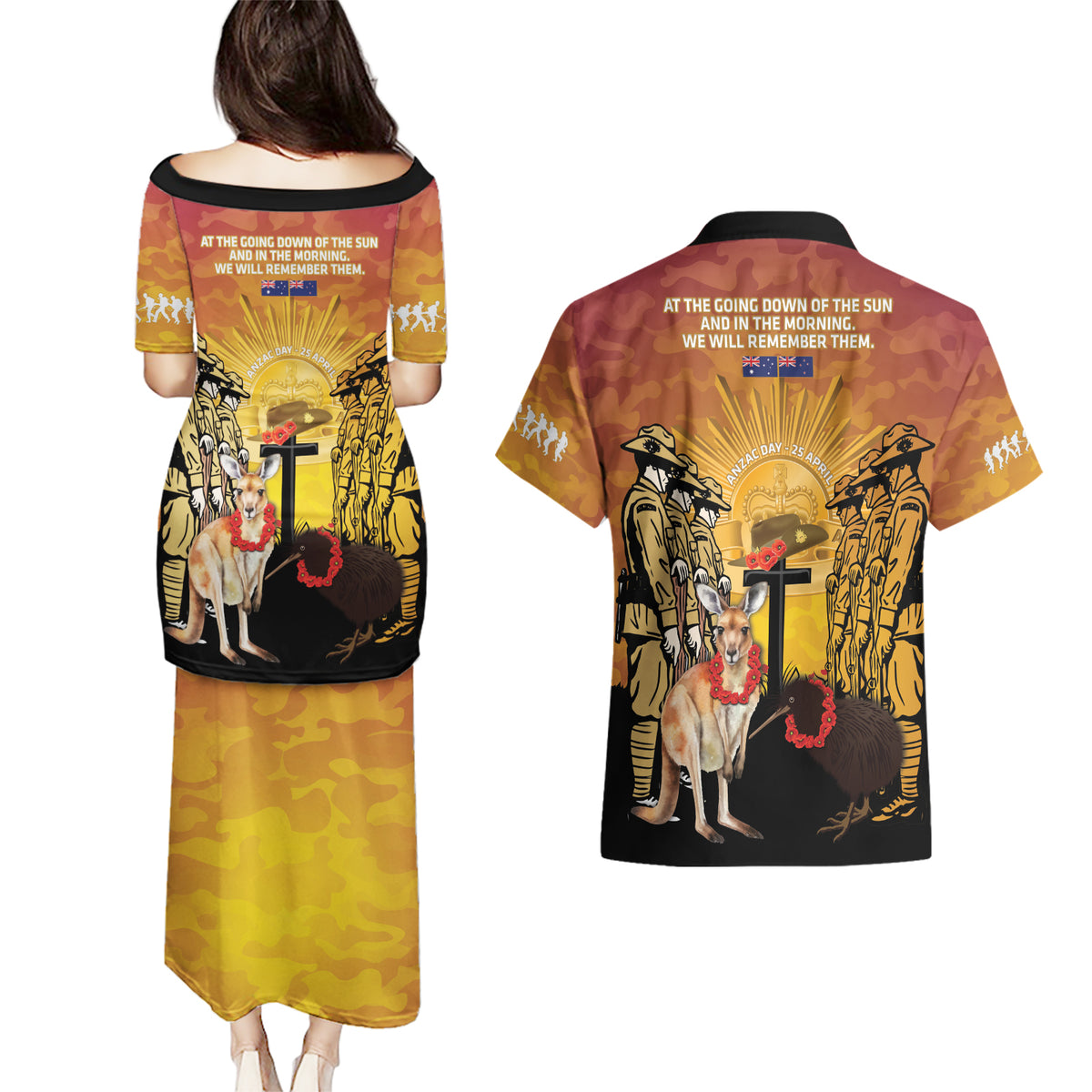 Australia And New Zealand ANZAC Couples Matching Puletasi and Hawaiian Shirt Aussie Kangaroo With Aotearoa Kiwi Lest We Forget LT14 - Polynesian Pride