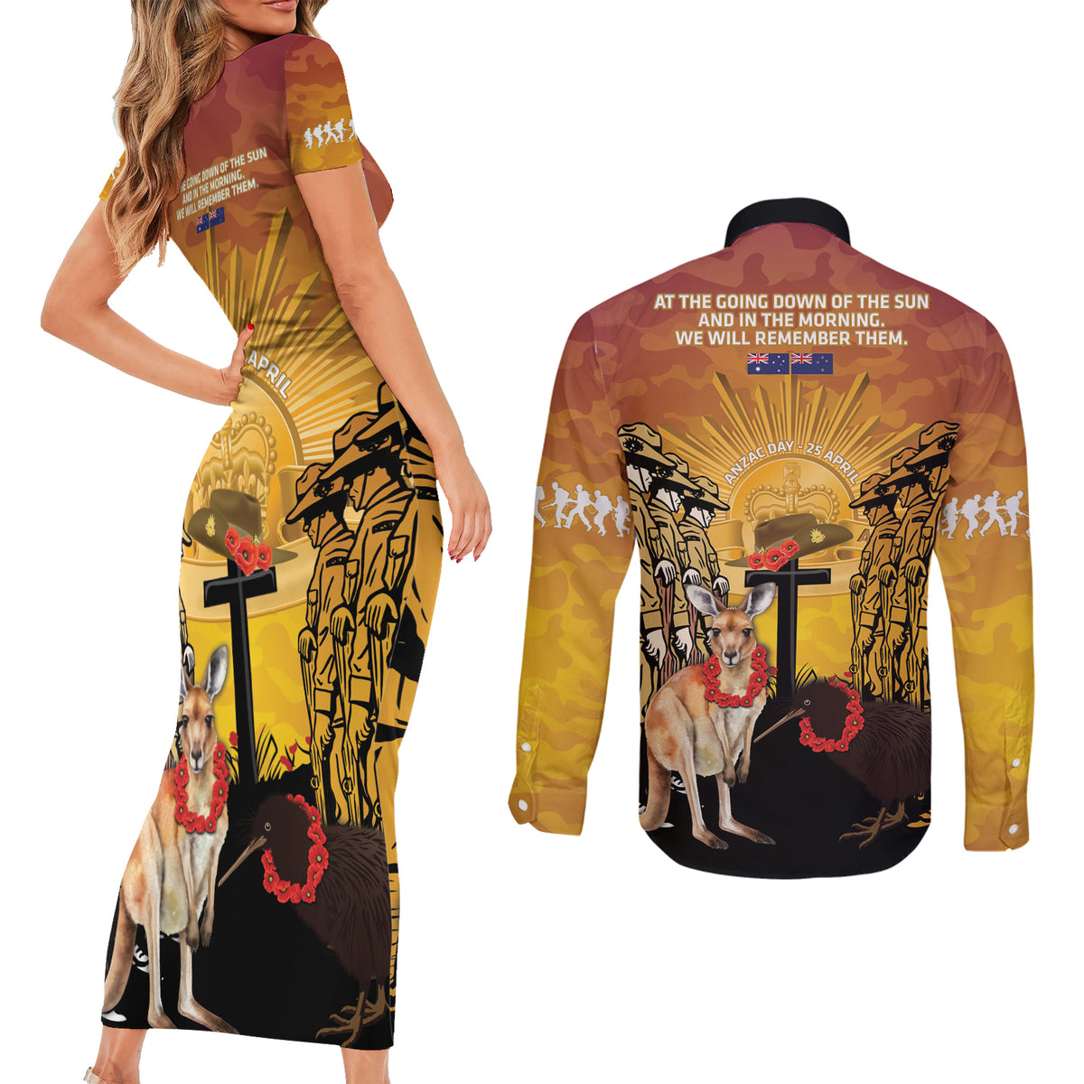 Australia And New Zealand ANZAC Couples Matching Short Sleeve Bodycon Dress and Long Sleeve Button Shirt Aussie Kangaroo With Aotearoa Kiwi Lest We Forget LT14 - Polynesian Pride