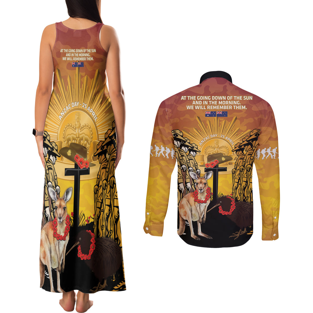 Australia And New Zealand ANZAC Couples Matching Tank Maxi Dress and Long Sleeve Button Shirt Aussie Kangaroo With Aotearoa Kiwi Lest We Forget LT14 - Polynesian Pride