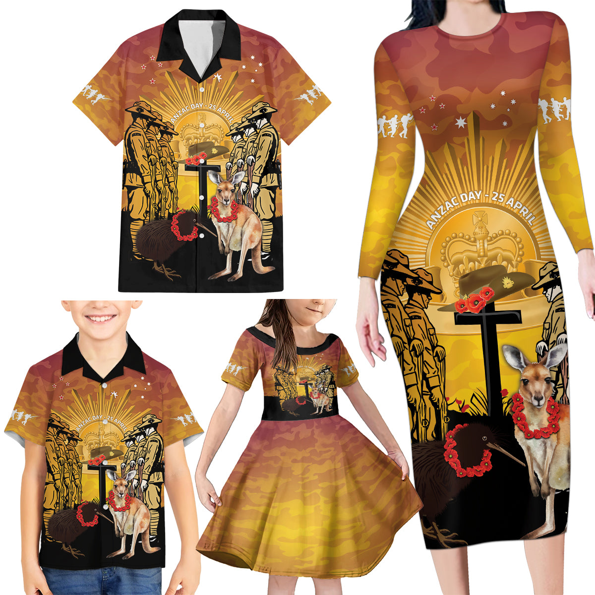 Australia And New Zealand ANZAC Family Matching Long Sleeve Bodycon Dress and Hawaiian Shirt Aussie Kangaroo With Aotearoa Kiwi Lest We Forget LT14 - Polynesian Pride