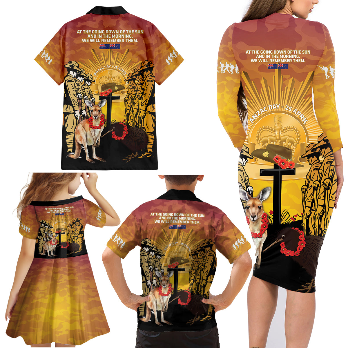 Australia And New Zealand ANZAC Family Matching Long Sleeve Bodycon Dress and Hawaiian Shirt Aussie Kangaroo With Aotearoa Kiwi Lest We Forget LT14 - Polynesian Pride