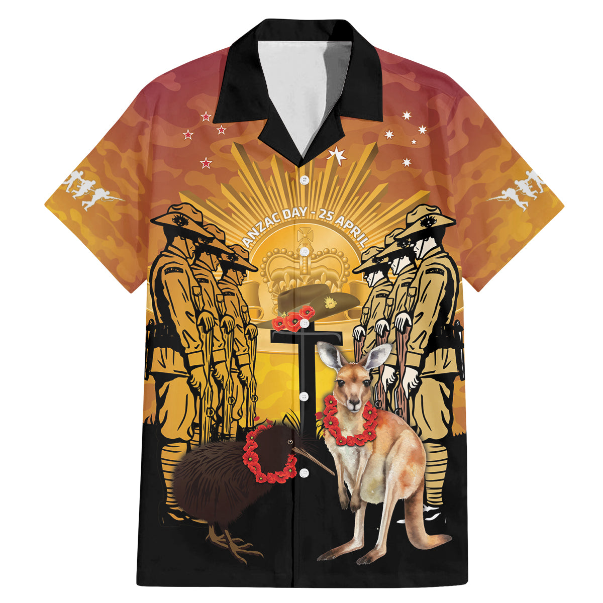 Australia And New Zealand ANZAC Family Matching Mermaid Dress and Hawaiian Shirt Aussie Kangaroo With Aotearoa Kiwi Lest We Forget LT14 Dad's Shirt - Short Sleeve Yellow - Polynesian Pride