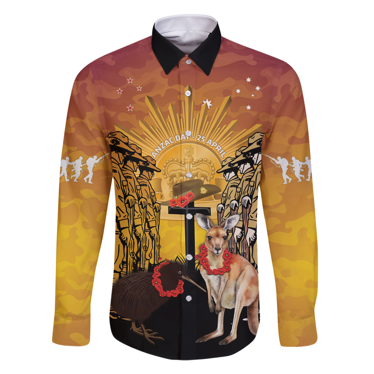 Australia And New Zealand ANZAC Family Matching Mermaid Dress and Hawaiian Shirt Aussie Kangaroo With Aotearoa Kiwi Lest We Forget LT14 Dad's Shirt - Long Sleeve Yellow - Polynesian Pride