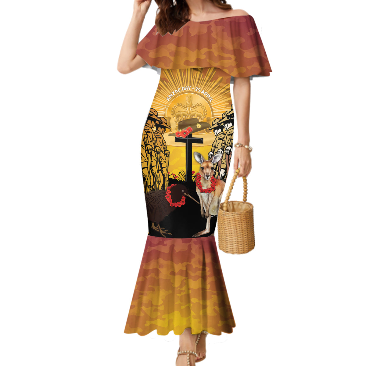 Australia And New Zealand ANZAC Family Matching Mermaid Dress and Hawaiian Shirt Aussie Kangaroo With Aotearoa Kiwi Lest We Forget LT14 Mom's Dress Yellow - Polynesian Pride