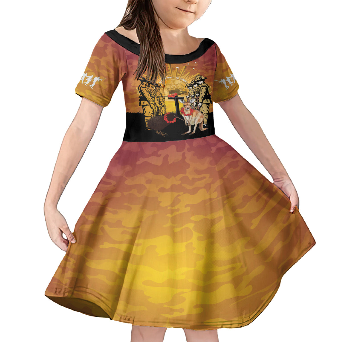 Australia And New Zealand ANZAC Family Matching Off The Shoulder Long Sleeve Dress and Hawaiian Shirt Aussie Kangaroo With Aotearoa Kiwi Lest We Forget LT14 Daughter's Dress Yellow - Polynesian Pride