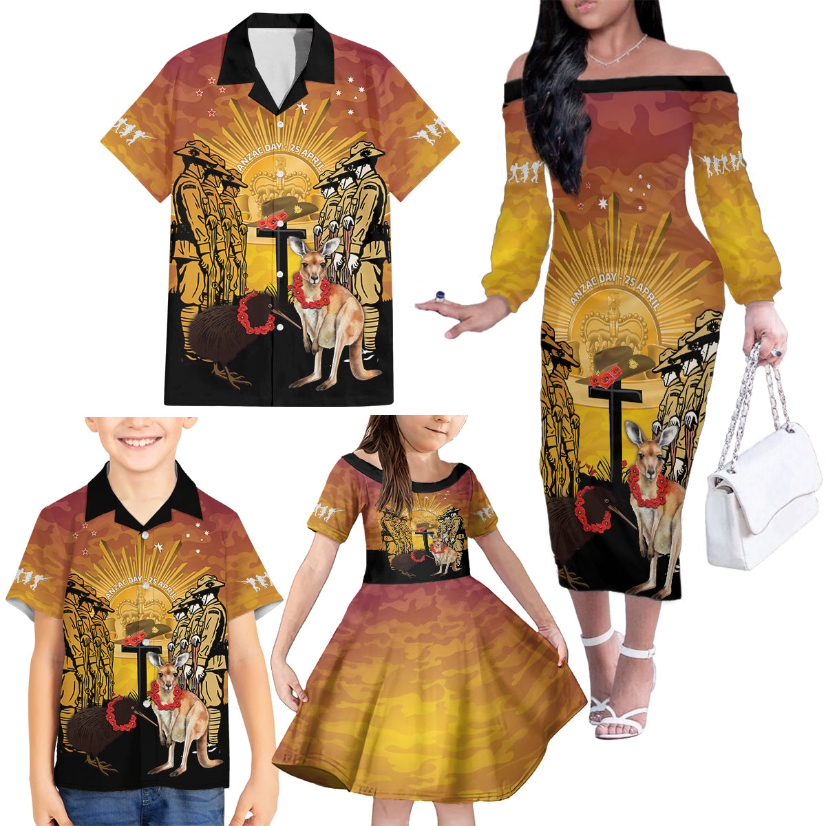 Australia And New Zealand ANZAC Family Matching Off The Shoulder Long Sleeve Dress and Hawaiian Shirt Aussie Kangaroo With Aotearoa Kiwi Lest We Forget LT14 - Polynesian Pride