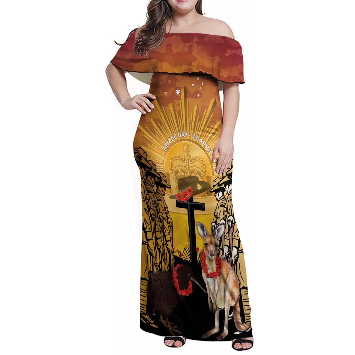 Australia And New Zealand ANZAC Family Matching Off Shoulder Maxi Dress and Hawaiian Shirt Aussie Kangaroo With Aotearoa Kiwi Lest We Forget LT14 Mom's Dress Yellow - Polynesian Pride