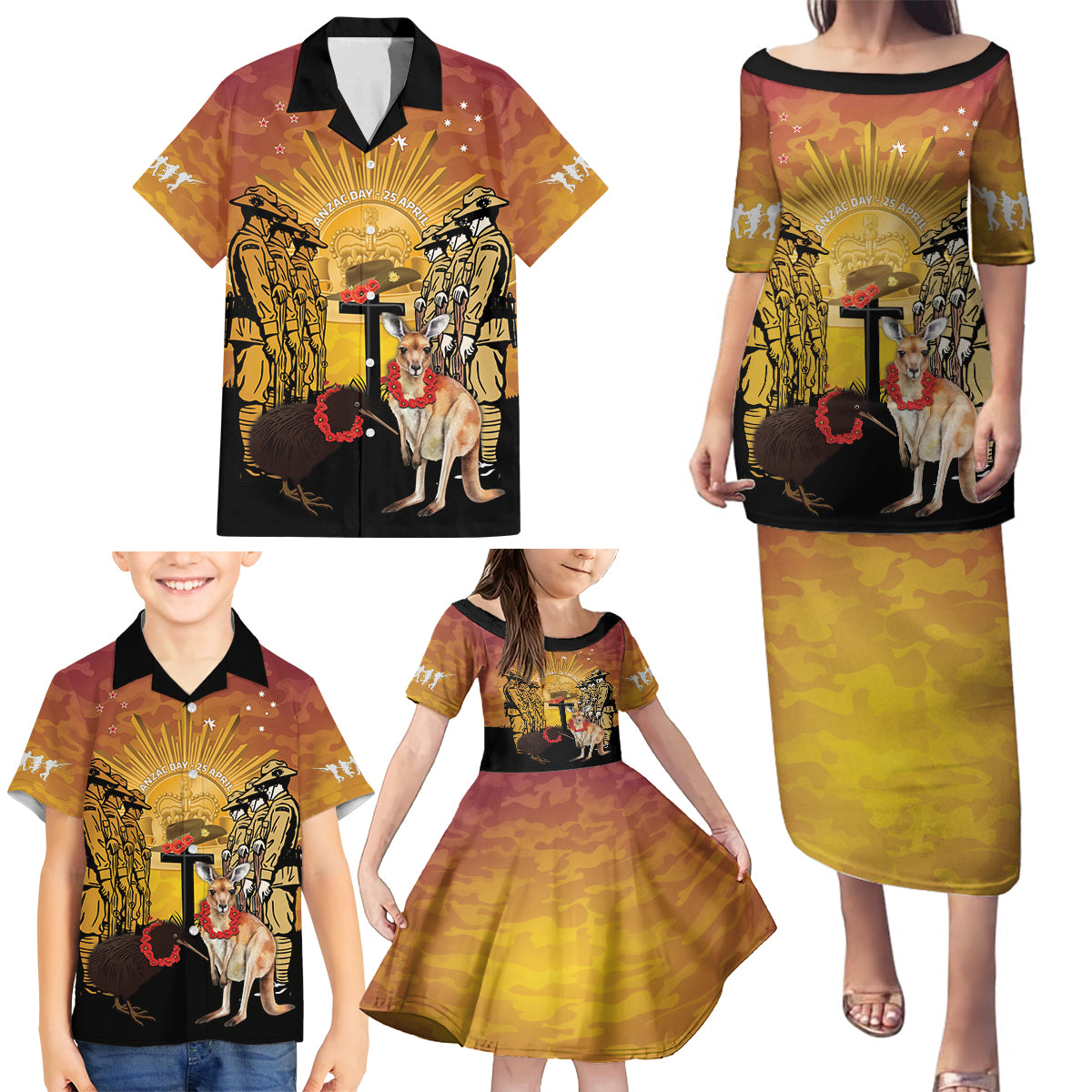 Australia And New Zealand ANZAC Family Matching Puletasi and Hawaiian Shirt Aussie Kangaroo With Aotearoa Kiwi Lest We Forget LT14 - Polynesian Pride