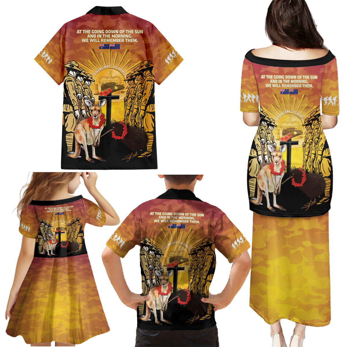 Australia And New Zealand ANZAC Family Matching Puletasi and Hawaiian Shirt Aussie Kangaroo With Aotearoa Kiwi Lest We Forget LT14 - Polynesian Pride
