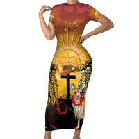Australia And New Zealand ANZAC Family Matching Short Sleeve Bodycon Dress and Hawaiian Shirt Aussie Kangaroo With Aotearoa Kiwi Lest We Forget LT14 Mom's Dress Yellow - Polynesian Pride