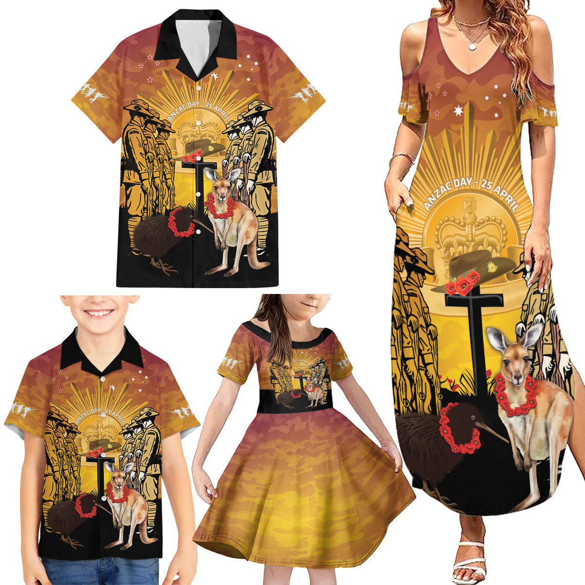 Australia And New Zealand ANZAC Family Matching Summer Maxi Dress and Hawaiian Shirt Aussie Kangaroo With Aotearoa Kiwi Lest We Forget LT14 - Polynesian Pride