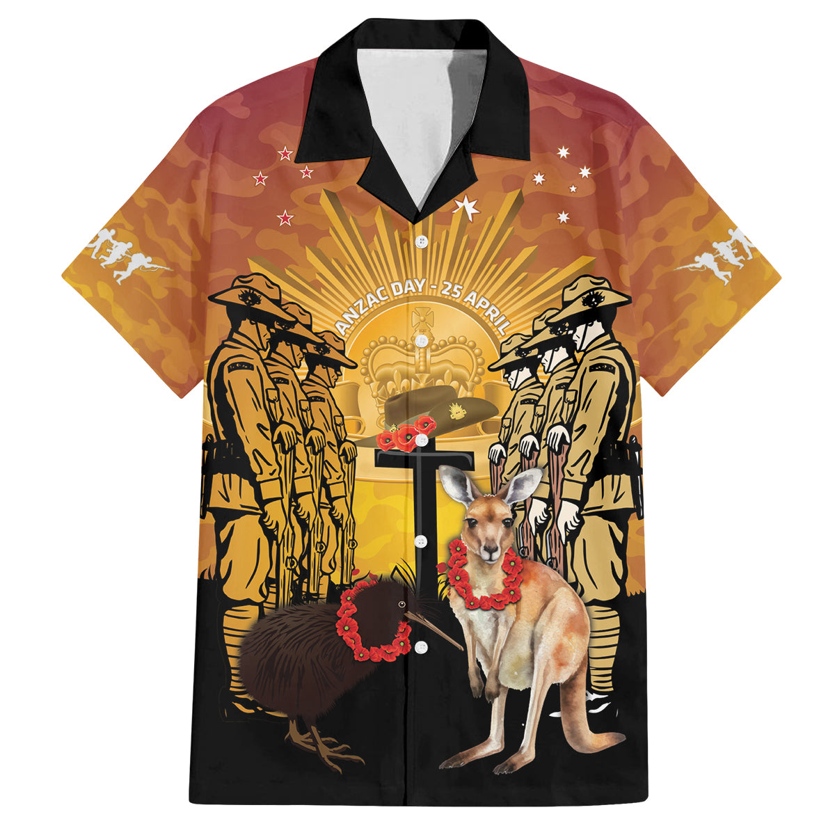 Australia And New Zealand ANZAC Family Matching Summer Maxi Dress and Hawaiian Shirt Aussie Kangaroo With Aotearoa Kiwi Lest We Forget LT14 Dad's Shirt - Short Sleeve Yellow - Polynesian Pride
