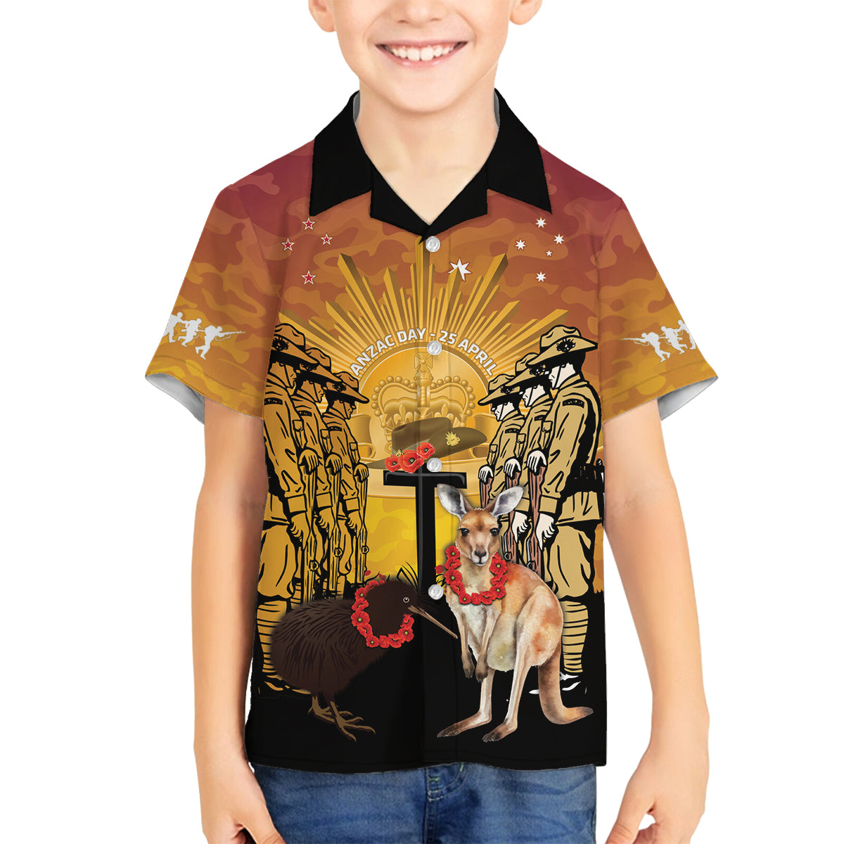 Australia And New Zealand ANZAC Family Matching Summer Maxi Dress and Hawaiian Shirt Aussie Kangaroo With Aotearoa Kiwi Lest We Forget LT14 Son's Shirt Yellow - Polynesian Pride