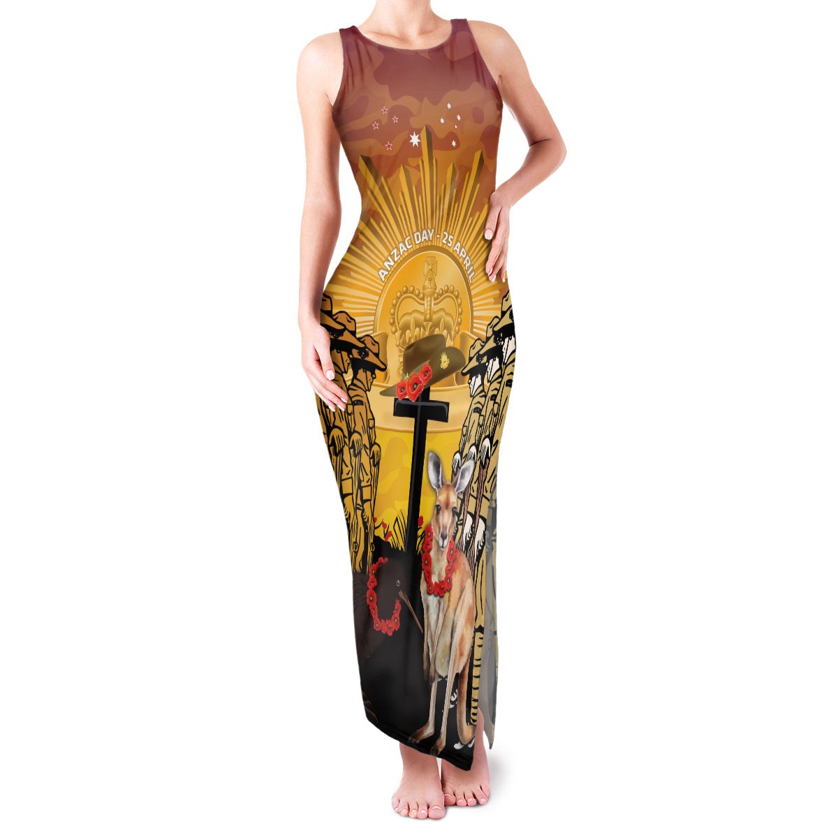 Australia And New Zealand ANZAC Family Matching Tank Maxi Dress and Hawaiian Shirt Aussie Kangaroo With Aotearoa Kiwi Lest We Forget LT14 Mom's Dress Yellow - Polynesian Pride