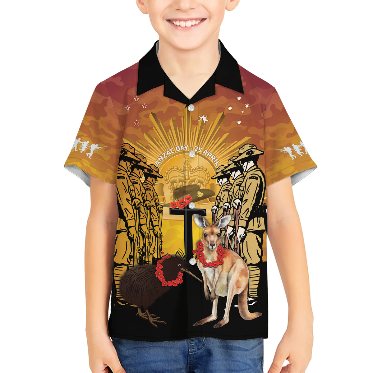 Australia And New Zealand ANZAC Kid Hawaiian Shirt Aussie Kangaroo With Aotearoa Kiwi Lest We Forget LT14 Kid Yellow - Polynesian Pride