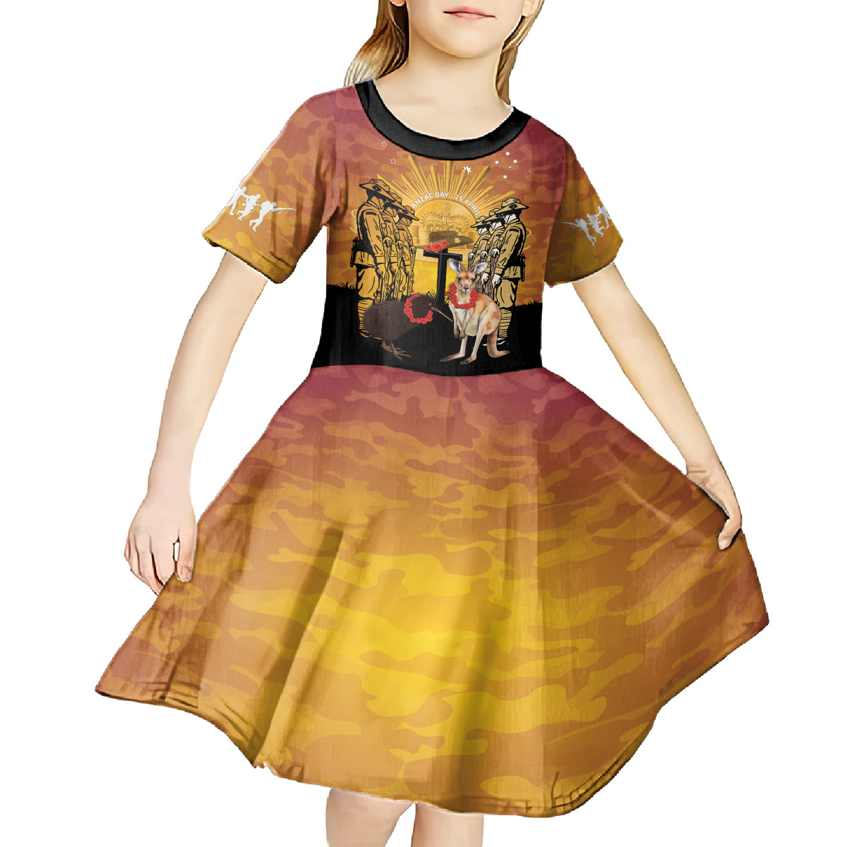 Australia And New Zealand ANZAC Kid Short Sleeve Dress Aussie Kangaroo With Aotearoa Kiwi Lest We Forget LT14 - Polynesian Pride