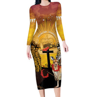 Australia And New Zealand ANZAC Long Sleeve Bodycon Dress Aussie Kangaroo With Aotearoa Kiwi Lest We Forget LT14 Long Dress Yellow - Polynesian Pride