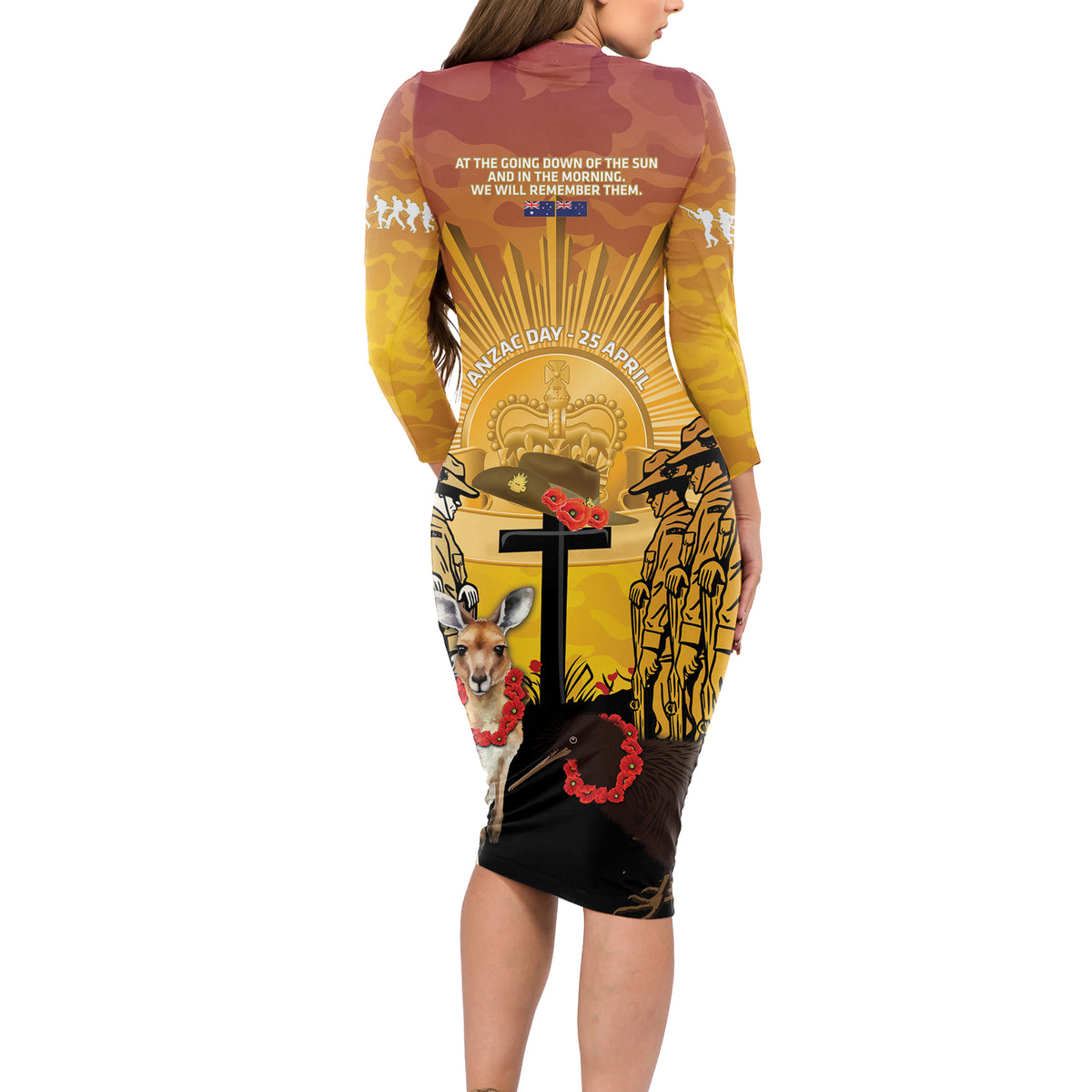 Australia And New Zealand ANZAC Long Sleeve Bodycon Dress Aussie Kangaroo With Aotearoa Kiwi Lest We Forget LT14 - Polynesian Pride