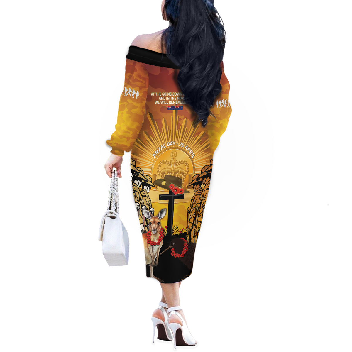 Australia And New Zealand ANZAC Off The Shoulder Long Sleeve Dress Aussie Kangaroo With Aotearoa Kiwi Lest We Forget LT14 - Polynesian Pride