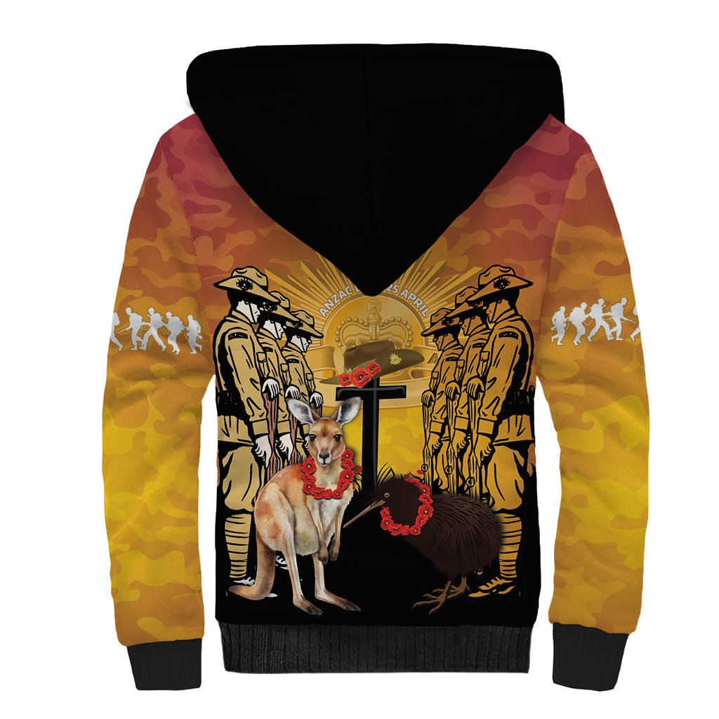 Australia And New Zealand ANZAC Sherpa Hoodie Aussie Kangaroo With Aotearoa Kiwi Lest We Forget LT14 - Polynesian Pride