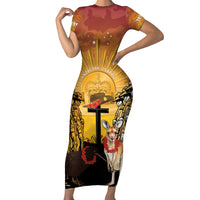 Australia And New Zealand ANZAC Short Sleeve Bodycon Dress Aussie Kangaroo With Aotearoa Kiwi Lest We Forget LT14 Long Dress Yellow - Polynesian Pride