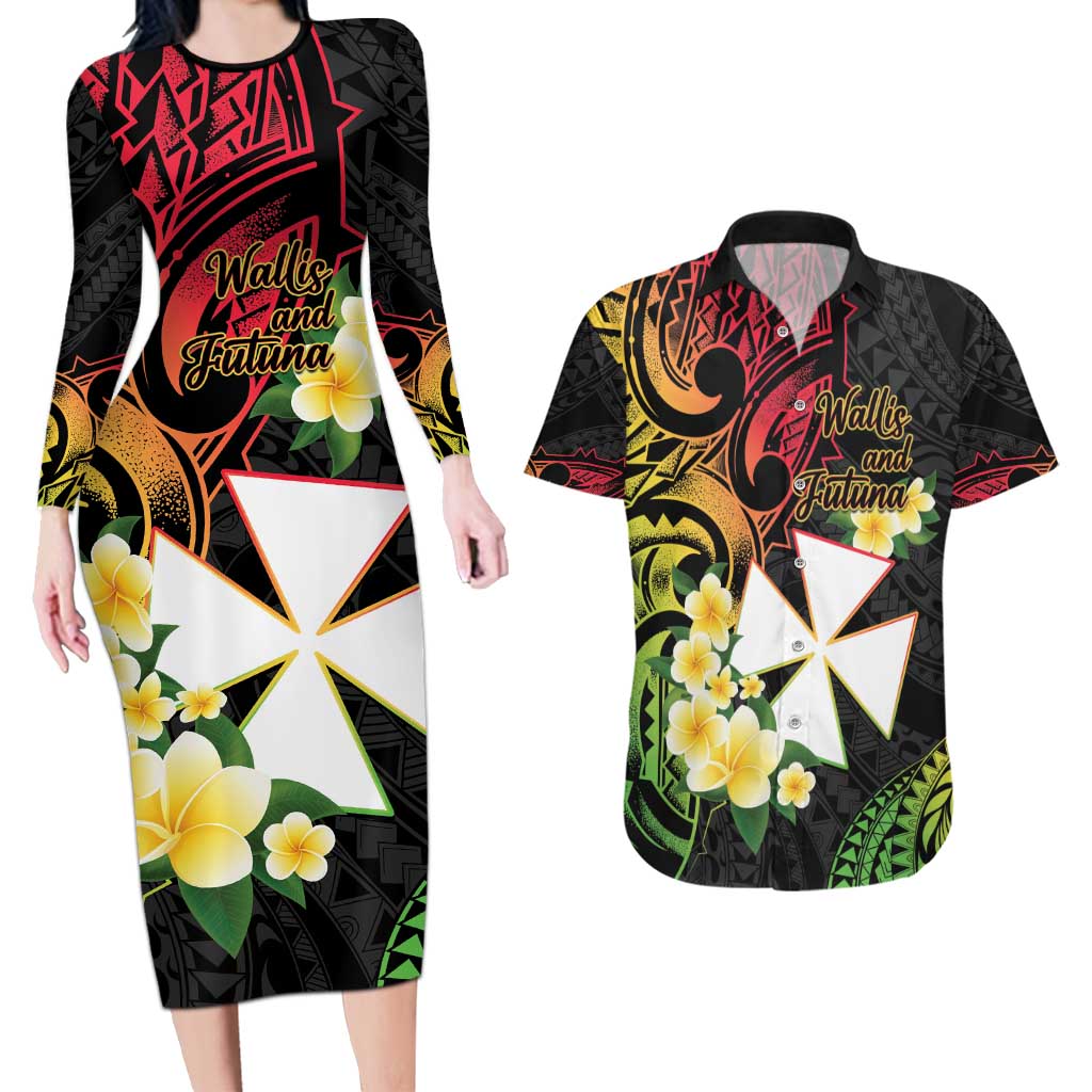 Wallis and Futuna Victory Day Couples Matching Long Sleeve Bodycon Dress and Hawaiian Shirt Liberty Equality Fraternity Polynesian Plumeria LT14 Black - Polynesian Pride