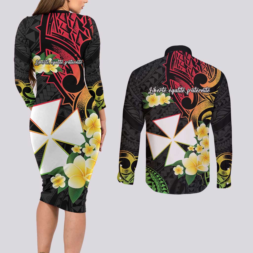 Wallis and Futuna Victory Day Couples Matching Long Sleeve Bodycon Dress and Long Sleeve Button Shirt Liberty Equality Fraternity Polynesian Plumeria LT14 - Polynesian Pride