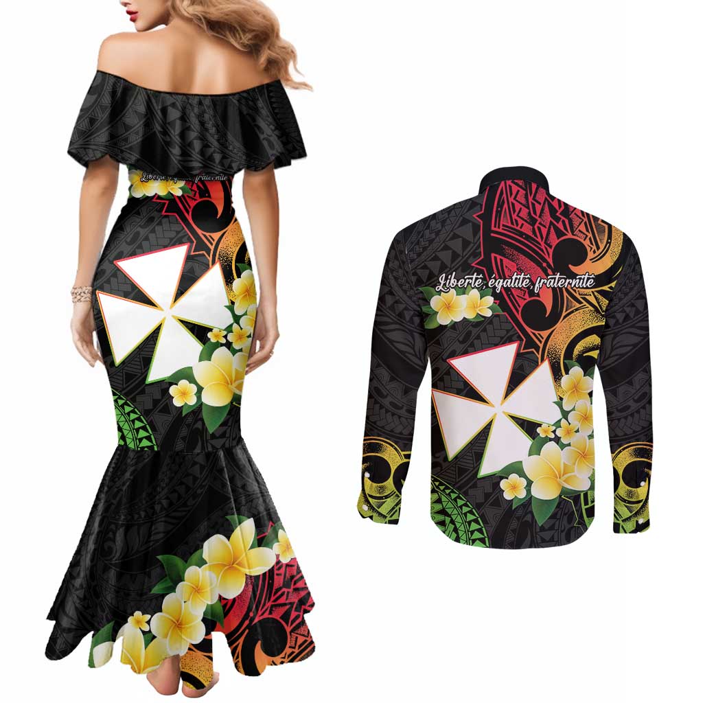 Wallis and Futuna Victory Day Couples Matching Mermaid Dress and Long Sleeve Button Shirt Liberty Equality Fraternity Polynesian Plumeria LT14 - Polynesian Pride