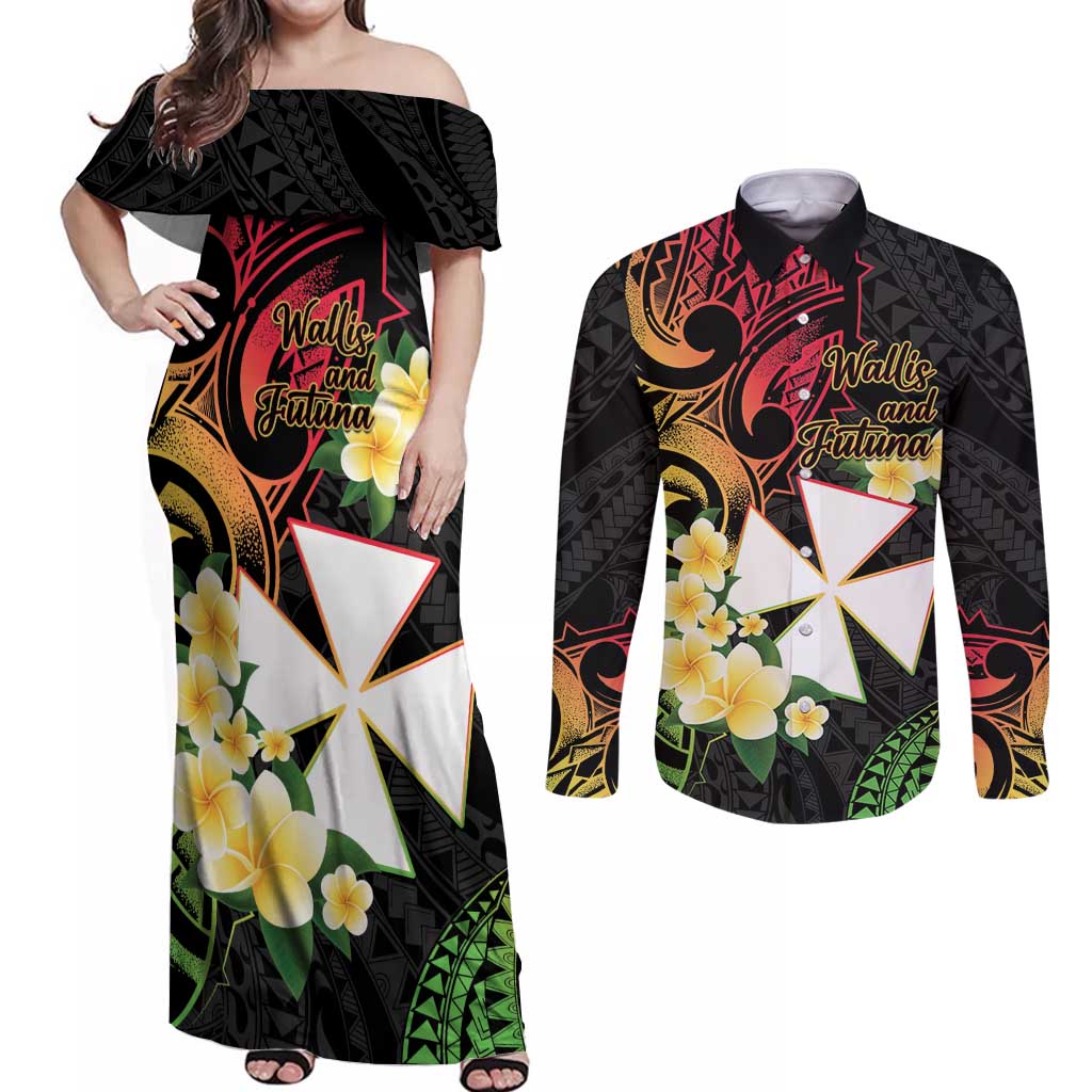 Wallis and Futuna Victory Day Couples Matching Off Shoulder Maxi Dress and Long Sleeve Button Shirt Liberty Equality Fraternity Polynesian Plumeria LT14 Black - Polynesian Pride