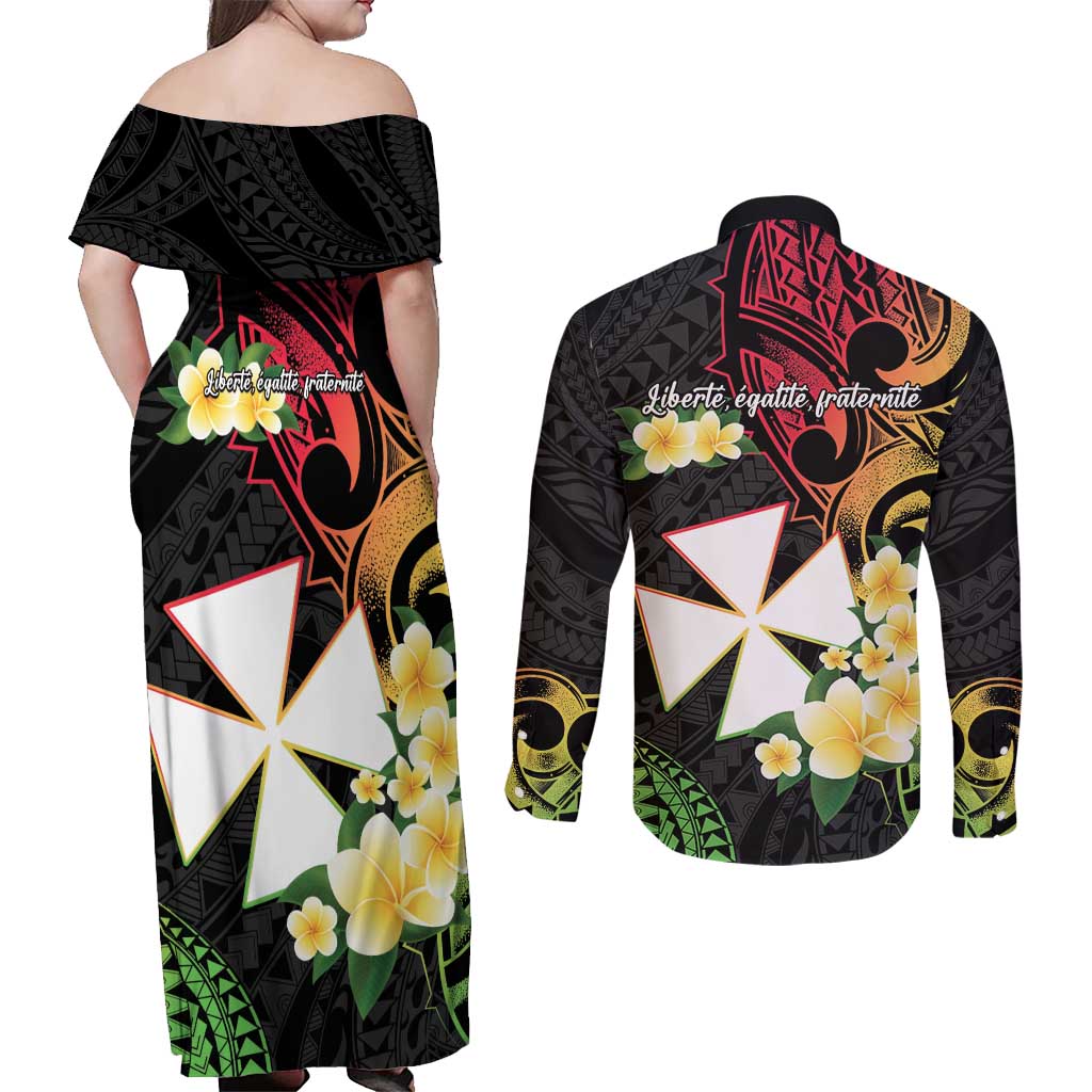 Wallis and Futuna Victory Day Couples Matching Off Shoulder Maxi Dress and Long Sleeve Button Shirt Liberty Equality Fraternity Polynesian Plumeria LT14 - Polynesian Pride