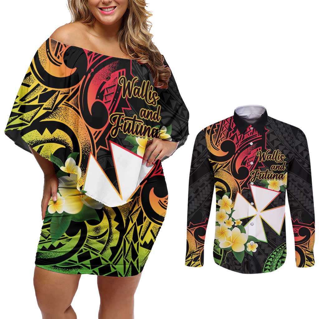 Wallis and Futuna Victory Day Couples Matching Off Shoulder Short Dress and Long Sleeve Button Shirt Liberty Equality Fraternity Polynesian Plumeria LT14 Black - Polynesian Pride