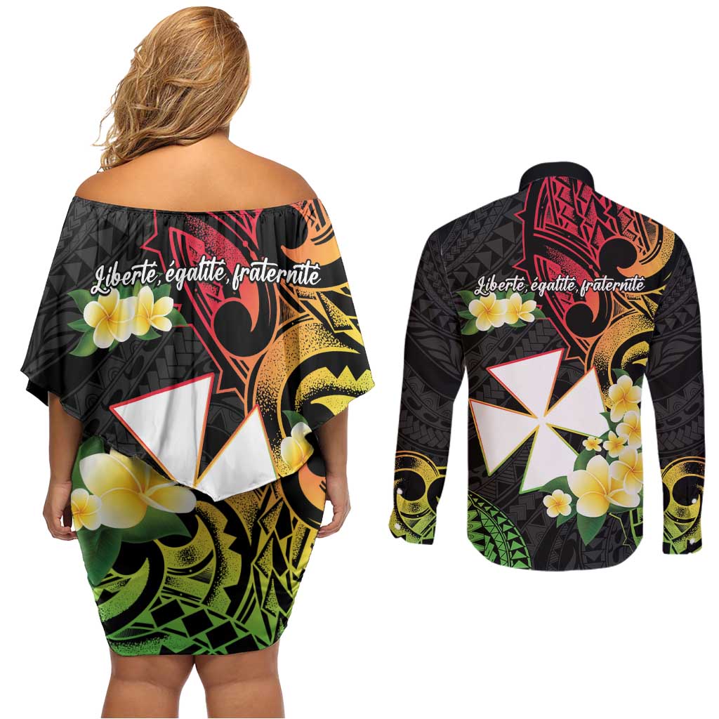 Wallis and Futuna Victory Day Couples Matching Off Shoulder Short Dress and Long Sleeve Button Shirt Liberty Equality Fraternity Polynesian Plumeria LT14 - Polynesian Pride