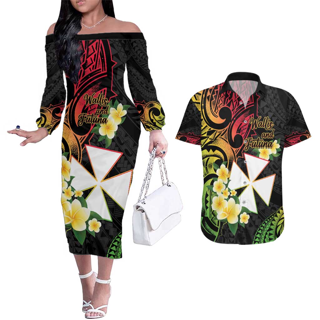 Wallis and Futuna Victory Day Couples Matching Off The Shoulder Long Sleeve Dress and Hawaiian Shirt Liberty Equality Fraternity Polynesian Plumeria LT14 Black - Polynesian Pride