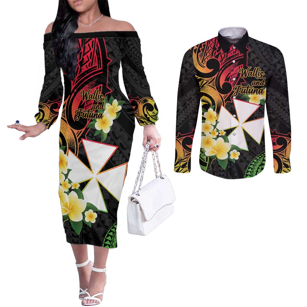 Wallis and Futuna Victory Day Couples Matching Off The Shoulder Long Sleeve Dress and Long Sleeve Button Shirt Liberty Equality Fraternity Polynesian Plumeria LT14 Black - Polynesian Pride