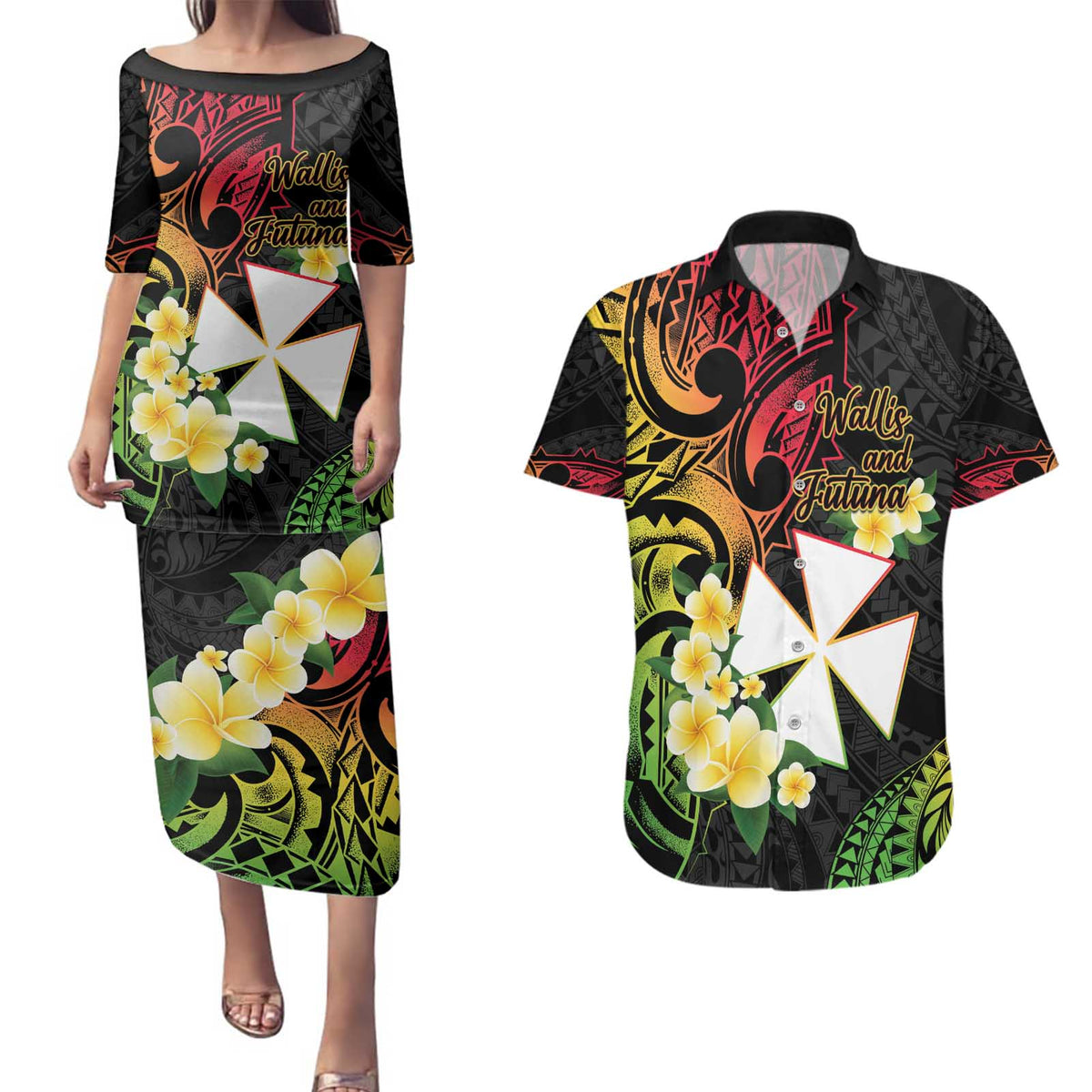 Wallis and Futuna Victory Day Couples Matching Puletasi and Hawaiian Shirt Liberty Equality Fraternity Polynesian Plumeria LT14 Black - Polynesian Pride