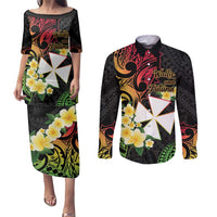 Wallis and Futuna Victory Day Couples Matching Puletasi and Long Sleeve Button Shirt Liberty Equality Fraternity Polynesian Plumeria LT14 Black - Polynesian Pride