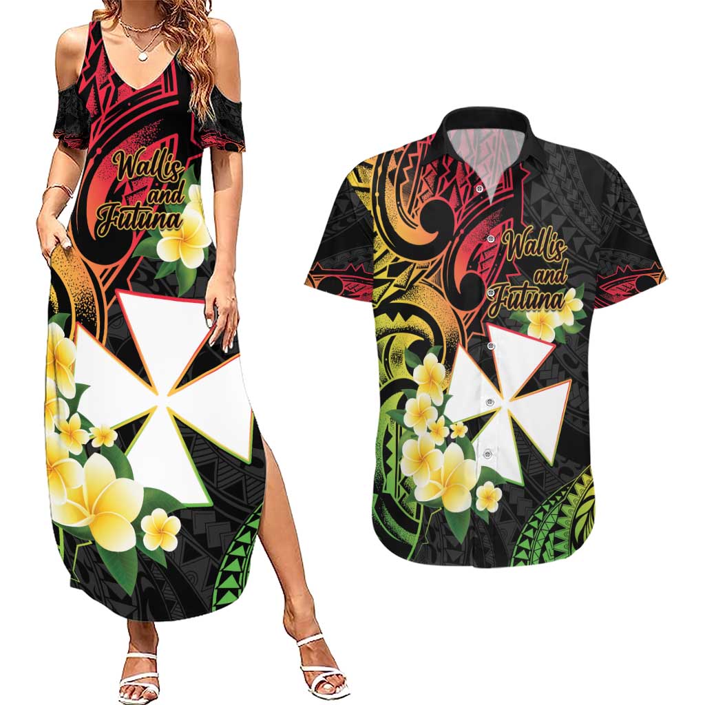 Wallis and Futuna Victory Day Couples Matching Summer Maxi Dress and Hawaiian Shirt Liberty Equality Fraternity Polynesian Plumeria LT14 Black - Polynesian Pride