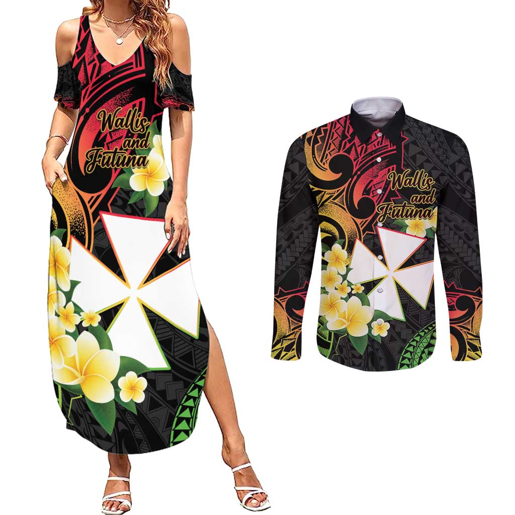 Wallis and Futuna Victory Day Couples Matching Summer Maxi Dress and Long Sleeve Button Shirt Liberty Equality Fraternity Polynesian Plumeria LT14 Black - Polynesian Pride