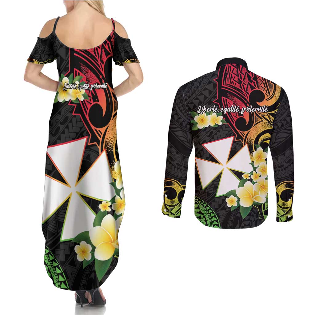 Wallis and Futuna Victory Day Couples Matching Summer Maxi Dress and Long Sleeve Button Shirt Liberty Equality Fraternity Polynesian Plumeria LT14 - Polynesian Pride