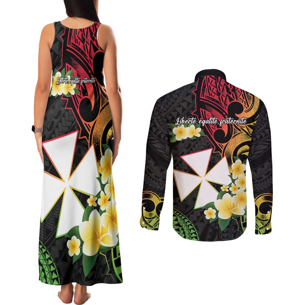 Wallis and Futuna Victory Day Couples Matching Tank Maxi Dress and Long Sleeve Button Shirt Liberty Equality Fraternity Polynesian Plumeria LT14 - Polynesian Pride
