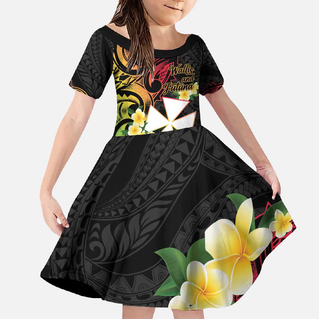 Wallis and Futuna Victory Day Family Matching Off Shoulder Maxi Dress and Hawaiian Shirt Liberty Equality Fraternity Polynesian Plumeria LT14 Daughter's Dress Black - Polynesian Pride