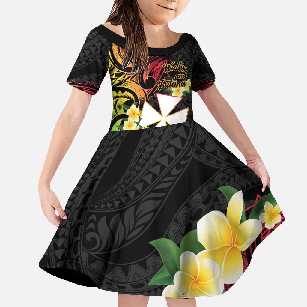 Wallis and Futuna Victory Day Family Matching Tank Maxi Dress and Hawaiian Shirt Liberty Equality Fraternity Polynesian Plumeria LT14 Daughter's Dress Black - Polynesian Pride
