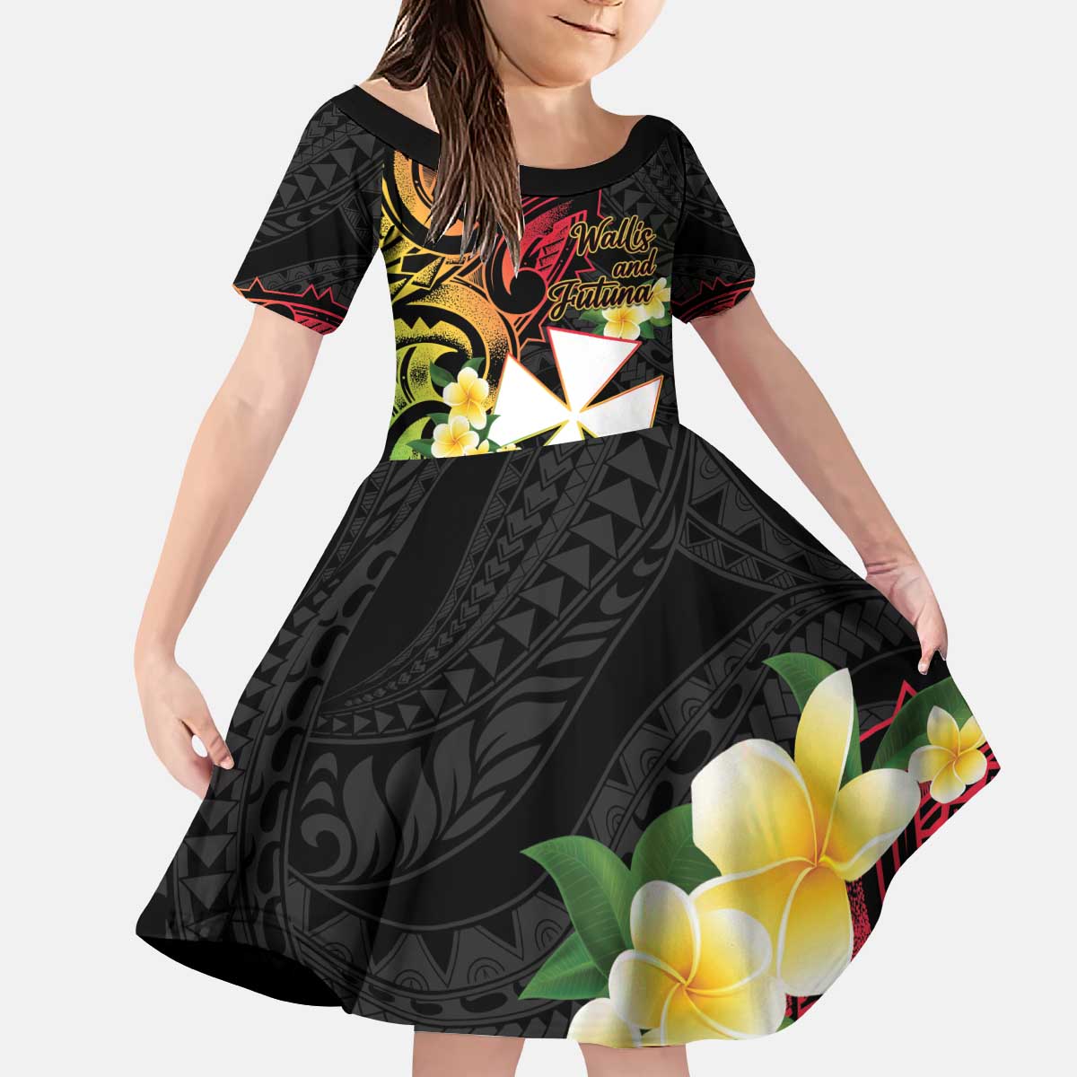 Wallis and Futuna Victory Day Kid Short Sleeve Dress Liberty Equality Fraternity Polynesian Plumeria LT14 KID Black - Polynesian Pride