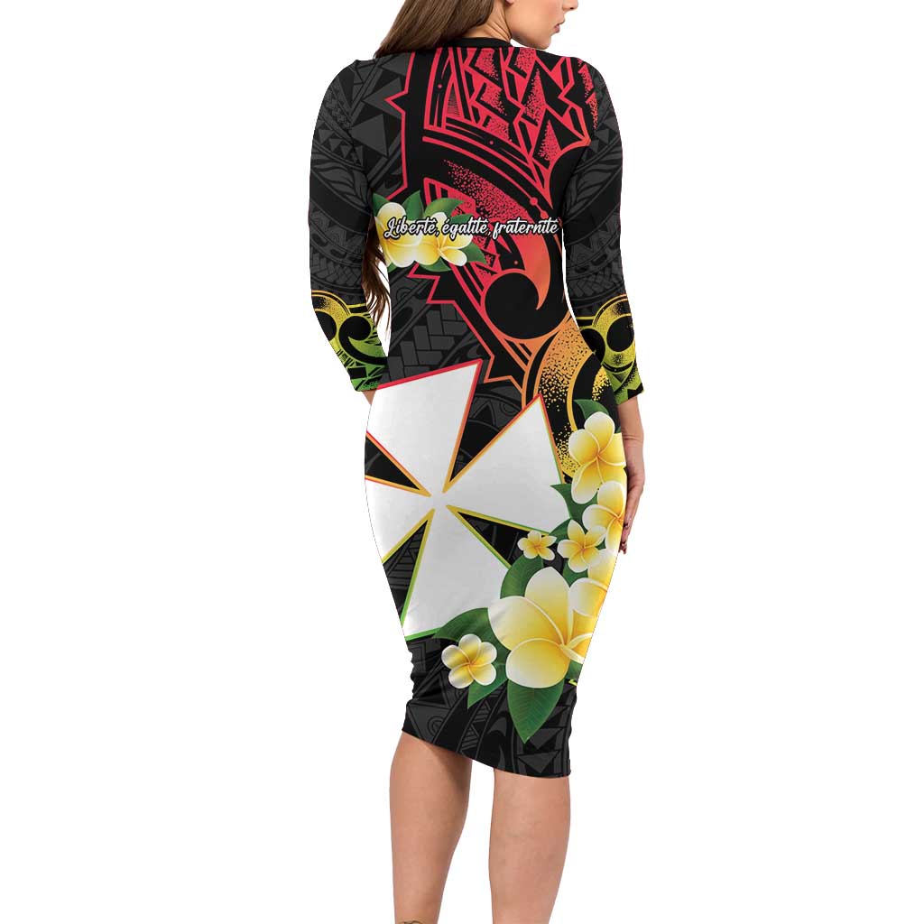 Wallis and Futuna Victory Day Long Sleeve Bodycon Dress Liberty Equality Fraternity Polynesian Plumeria LT14 - Polynesian Pride
