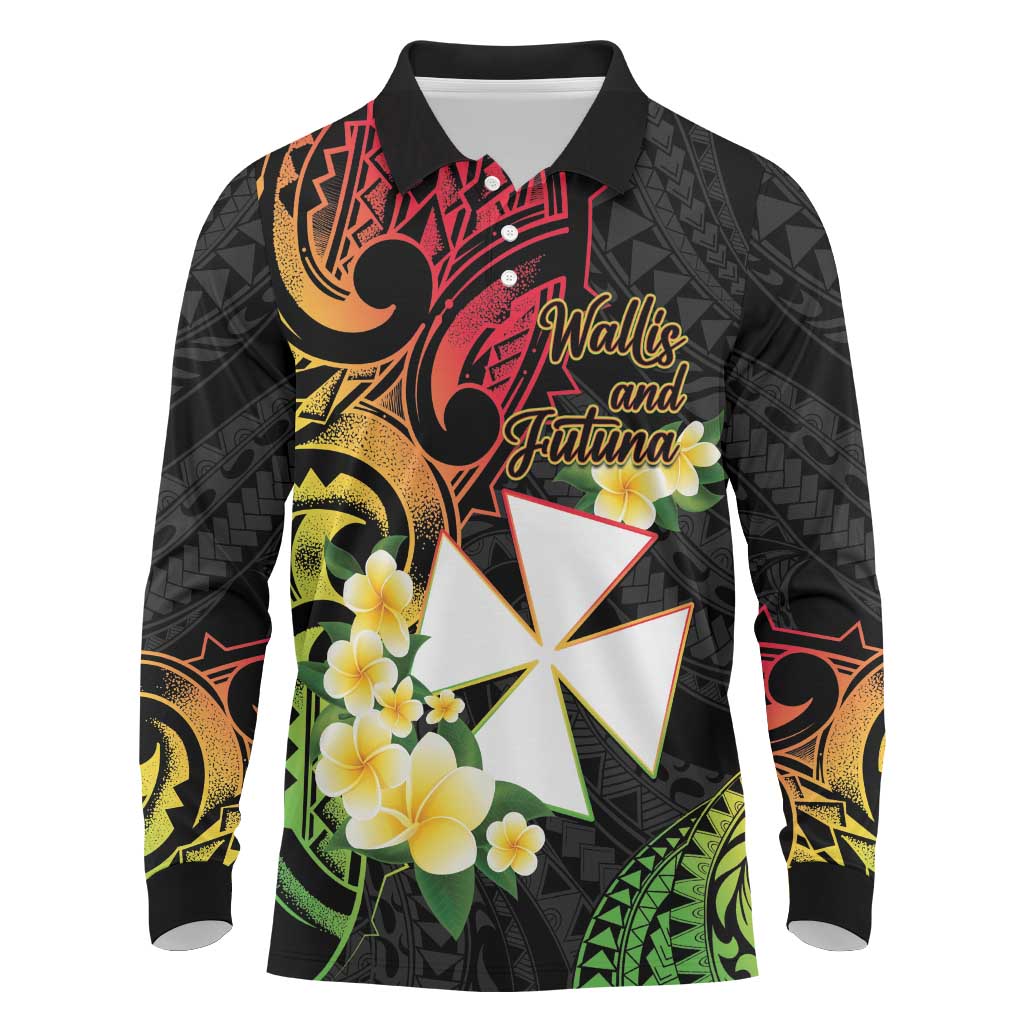 Wallis and Futuna Victory Day Long Sleeve Polo Shirt Liberty Equality Fraternity Polynesian Plumeria LT14 Black - Polynesian Pride