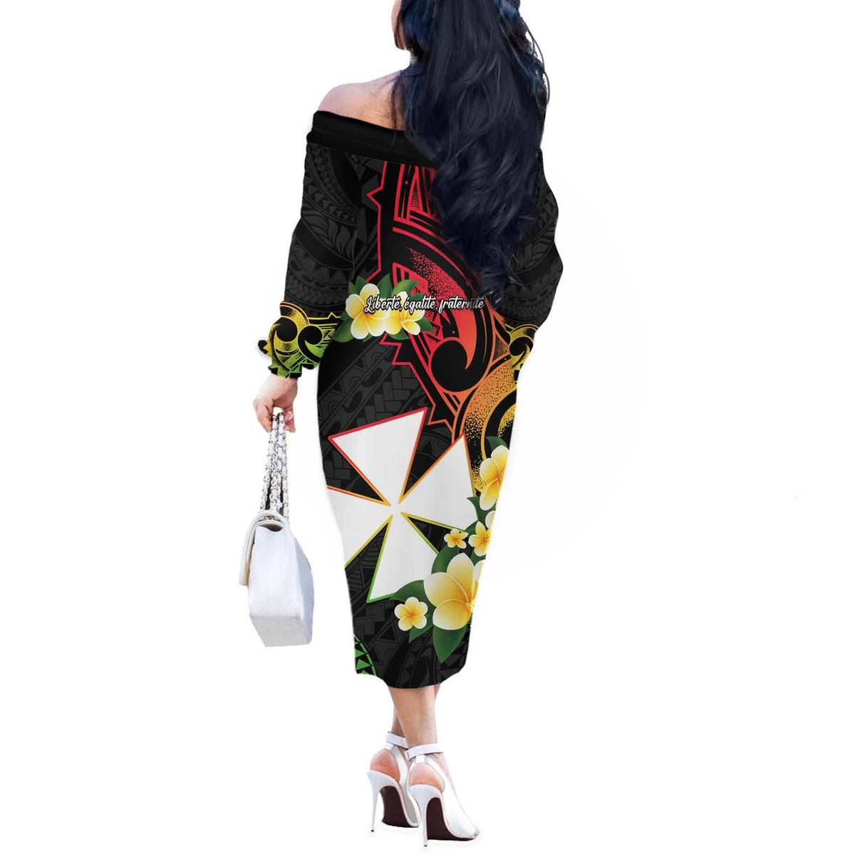 Wallis and Futuna Victory Day Off The Shoulder Long Sleeve Dress Liberty Equality Fraternity Polynesian Plumeria LT14 - Polynesian Pride